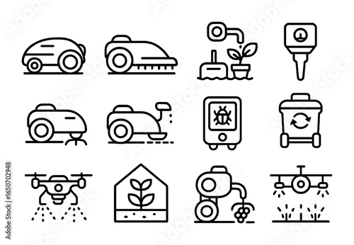 Gardening Robot Icons. Outline icon set of gardening robots: robotic lawn mower, hedge trimming bot, plant
