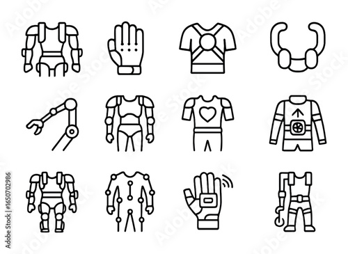 Wearable Robotics Icons. Outline icon set of wearable robotics: robotic exosuit, strength enhancement gloves,