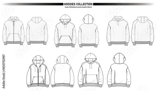 Hoodie flat technical drawing template : Front Back