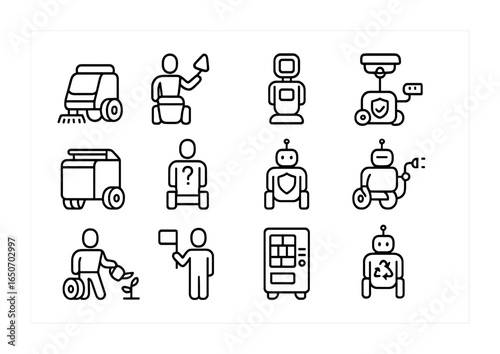 Public Service Robots Icons. Outline icon set of public space robots: street cleaning robot, park maintenance