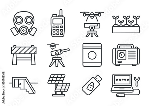 Dystopian Survival Icons. Outline icon set of dystopian urban survival: gas masks, water filters, encrypted
