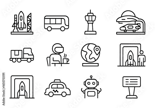 Spaceport City Icons. Outline icon set of spaceport city district: rocket launch pads, shuttle buses, control