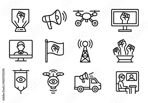 Dystopian Icon Grid. Outline icon set of dystopian propaganda: holographic posters, megaphones, loudspeaker