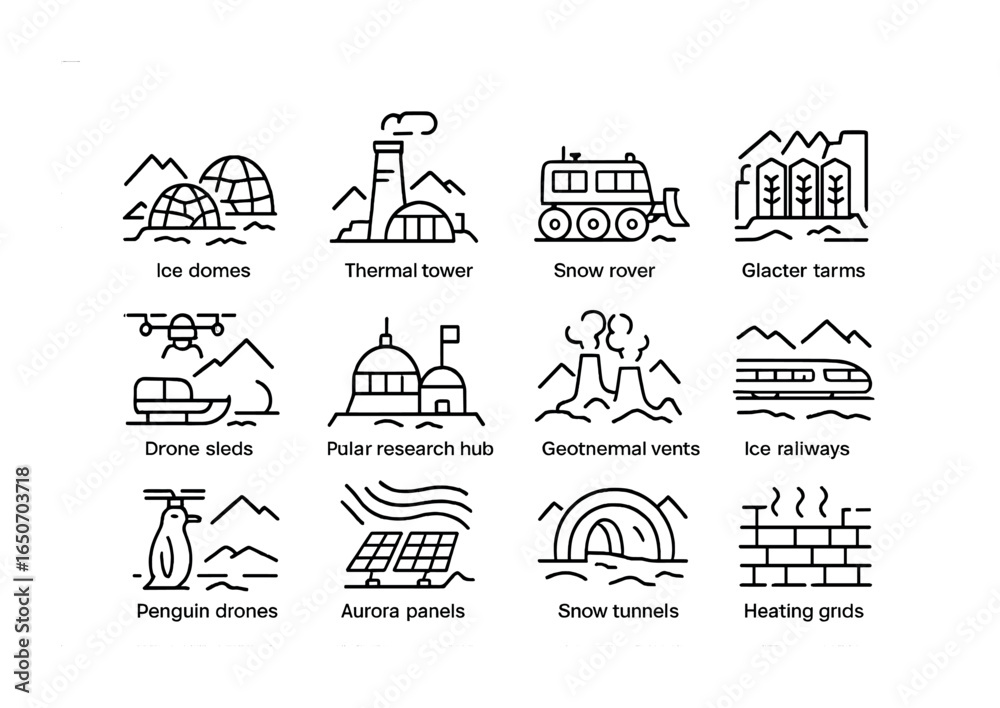 Obraz premium Polar Future City Icons. Outline icon set of polar future cities postcards: ice domes, thermal towers, snow