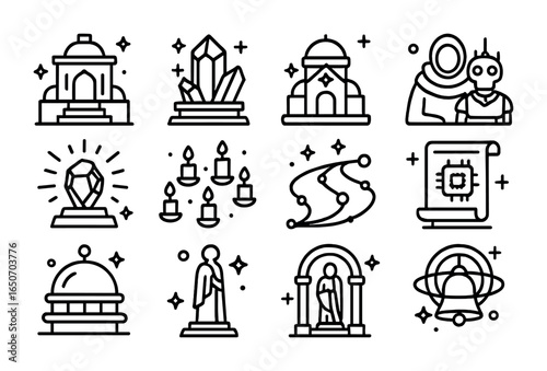 Futuristic Pilgrimage Icons. Outline icon set of futuristic pilgrimage postcards: space temples, crystal