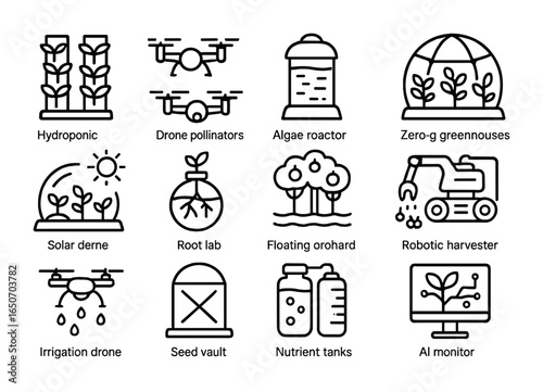 Futuristic Farming Icons. Outline icon set of orbital farming postcards: hydroponic towers, drone pollinators,