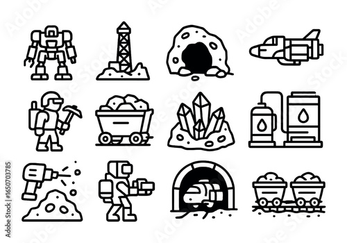 Asteroid Mining Icons. Outline icon set of asteroid mining colony postcards: mining mechs, drilling towers,