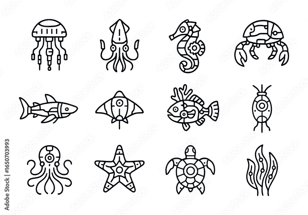 Fototapeta premium Bio-Mech Ocean Icons. Outline icon set of bio-mech ocean life: robotic jellyfish, cyber squid, mech seahorse,