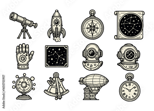 Victorian Space Icon Set. Outline icon set of Victorian space exploration: brass telescopes, steam rockets,