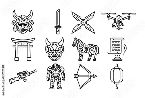 Cyber Feudal Icon Set. Outline icon set of feudal Japan cyber era: samurai helmets, energy katanas, mech