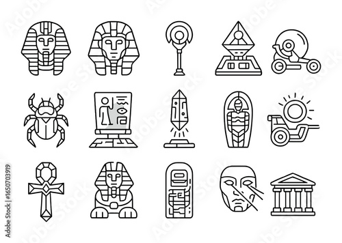 Sci-Fi Egypt Icons. Outline icon set of ancient Egypt with sci-fi: pharaoh helmets, energy staffs, pyramid