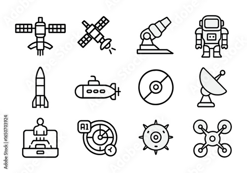 Cold War Space Icons. Outline icon set of Cold War in space: orbital stations, spy satellites, laser cannons,