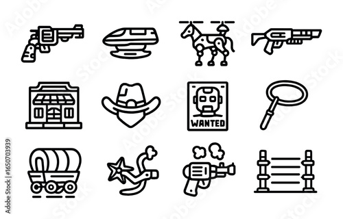 Futuristic Wild West Icons. Outline icon set of Wild West with advanced tech: mech revolvers, hover trains,