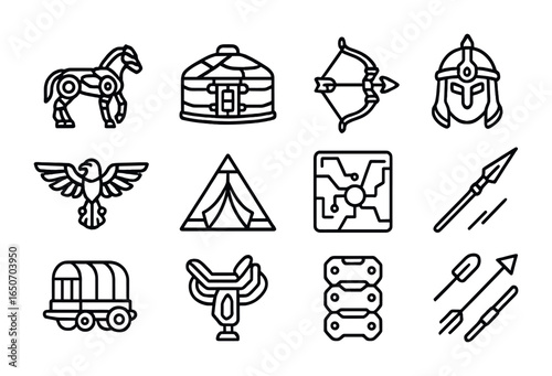 Futuristic Mongol Icons. Outline icon set of Mongol empire with mechs: mech horses, armored yurts, plasma bows