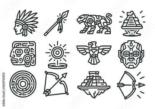 Futuristic Aztec Icons. Outline icon set of Aztec empire with future tech: feathered helmets, plasma spears,