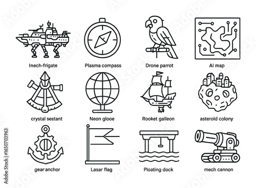 Futuristic Space Icon Set. Outline icon set of space age colonialism: mech frigates, plasma compasses, drone