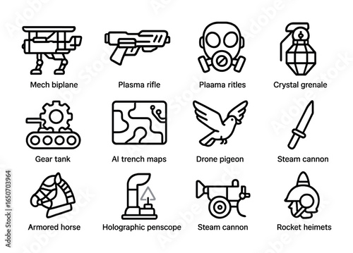 Futuristic WWI Icons. Outline icon set of alternate WWI tech: mech biplanes, plasma rifles, gear tanks, neon