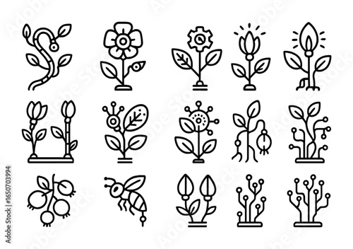 Biomechanical Plant Icons. Outline icon set of biomechanical plants: robotic vines, steel flowers,
