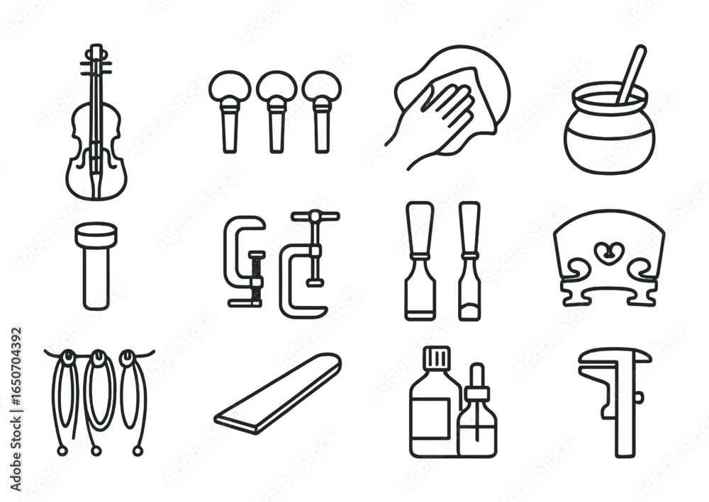 Obraz premium Instrument Restoration Icons. Outline icon set of musical instrument restorers: violins, tuning pegs,