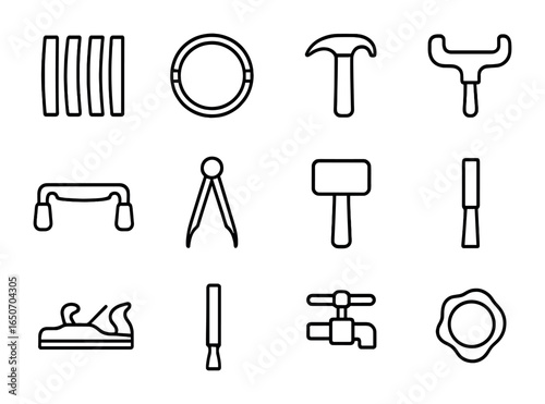 Cooper Tools Icon Set. Outline icon set of cooper barrel makers: wooden staves, iron hoops, hammers, croze