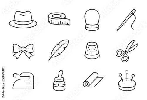 Millinery Icon Grid. Outline icon set of hat makers: felt hats, measuring tapes, hat blocks, sewing needles,