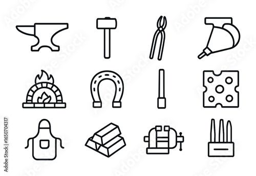 Blacksmith Icons Set. Outline icon set of blacksmiths: anvils, hammers, tongs, bellows, forges, horseshoes,