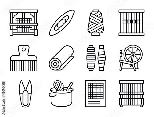 Textile Weaving Icons Set. Outline icon set of textile weavers: handlooms, shuttle boats, yarn spools, heddles