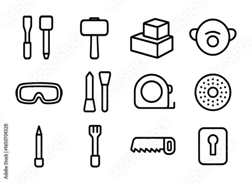 Stone Carving Tools Icons. Outline icon set of stone carvers: chisels, mallets, stone blocks, dust masks,