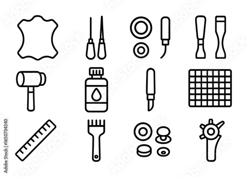 Leathercraft Tools Icons. Outline icon set of leather artisans: leather hides, stitching awls, rivets, edge