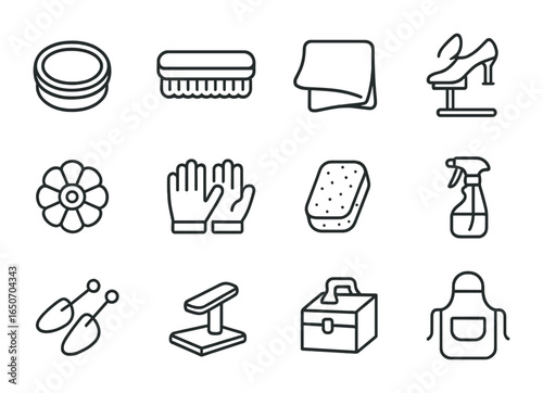 Shoeshiner Icon Set. Outline icon set of shoeshiners: shoe polish tins, brushes, cloths, shoe stands, buffing