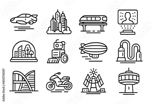 Retrofuturistic City Icons. Outline icon set of retrofuturistic cities: flying cars, neon skyscrapers,