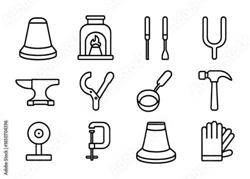 Bell Making Tools. Outline icon set of bell makers: metal molds, casting furnaces, chisels, tuning forks,