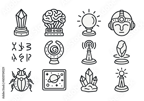 Pulp Alien Tech Icons. Outline icon set of pulp-era alien technology: crystal power cores, organic computers,