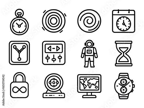 Retro Time Travel Icons. Outline icon set of retro time travel: pocket chronometers, time portals, vortex