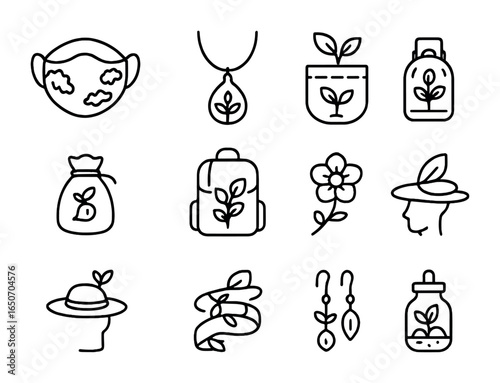 Wearable Plant Icons. Outline icon set of wearable plant systems: moss masks, air-purifying necklaces, pocket