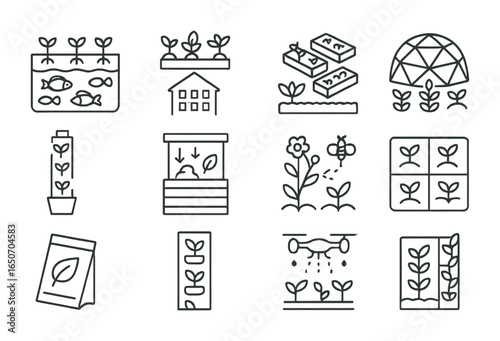 Symbiotic Farming Icons. Outline icon set of symbiotic farming systems: aquaponic tanks, rooftop farms,