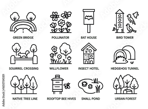 Urban Wildlife Icons. Outline icon set of urban wildlife corridors: green bridges, pollinator gardens, bat