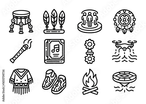 Galactic Powwow Icon Set. Outline icon set of galactic powwow gatherings: mech drums, neon feathers,