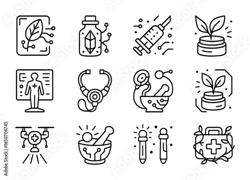 Cyber-Tribal Healing Icons. Outline icon set of cyber-tribal healers: AI herbal scanners, crystal vials,
