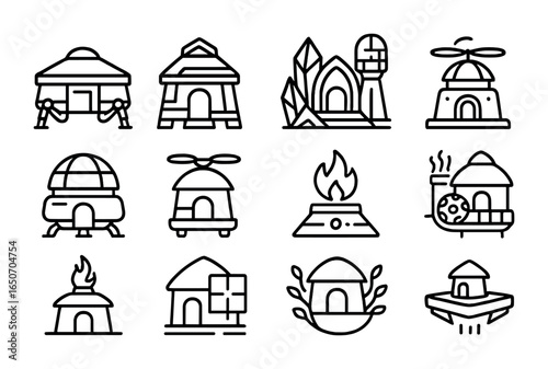 Futuristic Tribal Dwellings. Outline icon set of futuristic tribal dwellings: mech yurts, neon huts, crystal