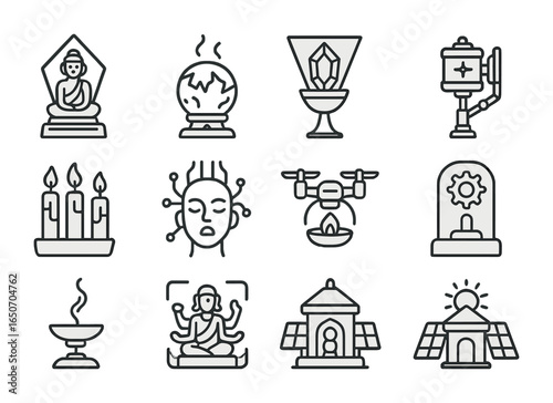 Techno-Spiritual Icons. Outline icon set of techno-spiritual rituals: holographic altars, plasma incense