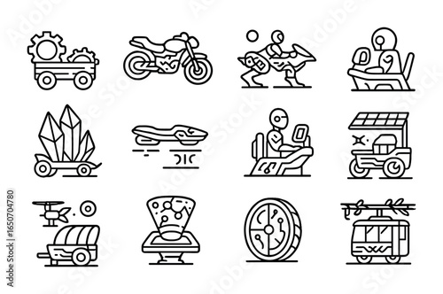 Tribal Mech Transport Icons. Outline icon set of tribal mech transport: gear carts, neon hover bikes, mech