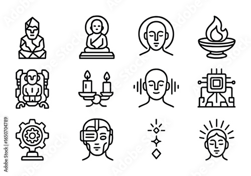 Futuristic Ancestral Icons. Outline icon set of cosmic ancestor worship: crystal ancestor statues, holographic