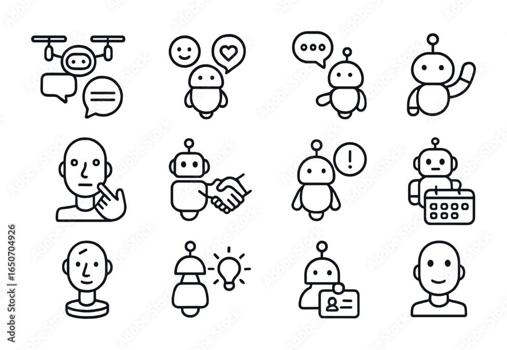 Fototapeta premium Social Microbot Icon Set. Outline icon set of social interaction microrobots: micro translator drones, emotion