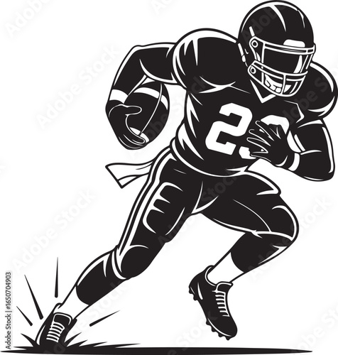 Dynamic football player running with ball, action stance