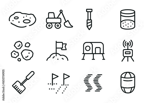 Lunar Excavation Icon Set. Outline icon set of lunar excavation sites: crater dig zones, rover shovels, core