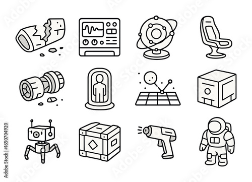 Ancient Spacecraft Icon Set. Outline icon set of ancient spacecraft exploration: broken hulls, control panels,