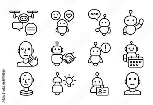 Social Microbot Icon Set. Outline icon set of social interaction microrobots: micro translator drones, emotion