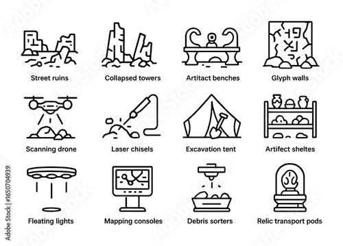 Alien City Icons. Outline icon set of alien city excavation: street ruins, collapsed towers, artifact benches,