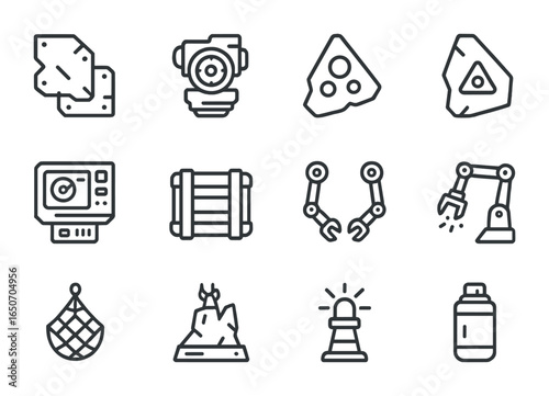 Cosmic Salvage Icons. Outline icon set of cosmic shipwreck salvage: hull plates, engine cores, reactor